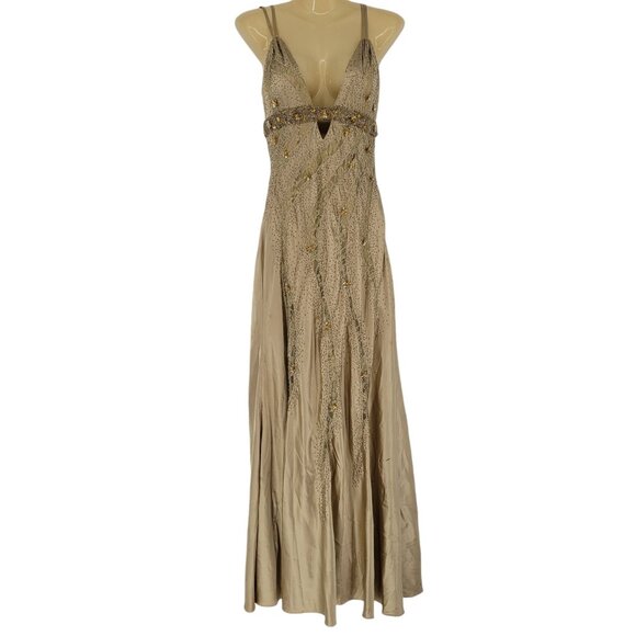 May Queen Dresses & Skirts - May Queen size 6 USA Gold sequin flower beaded lacy panel long v neck gown